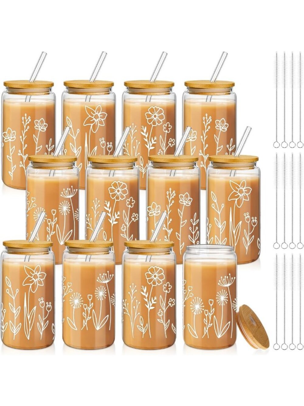 Boho Floral Glass Cups Set of 12 with Lids & Straws - 16 oz Coffee Mugs